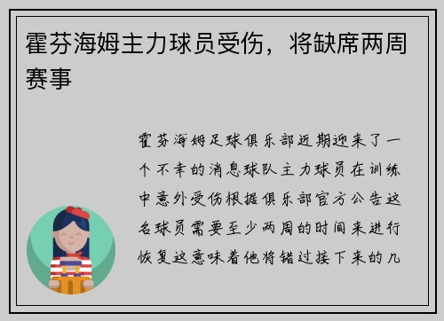 霍芬海姆主力球员受伤，将缺席两周赛事